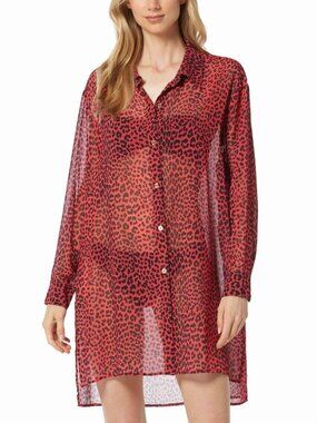 Michael Kors Animal Print Sheer Swim Cover-Up Red Black Size M